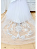 White Satin Tulle Flower Girl Dress With Removable Lace Train